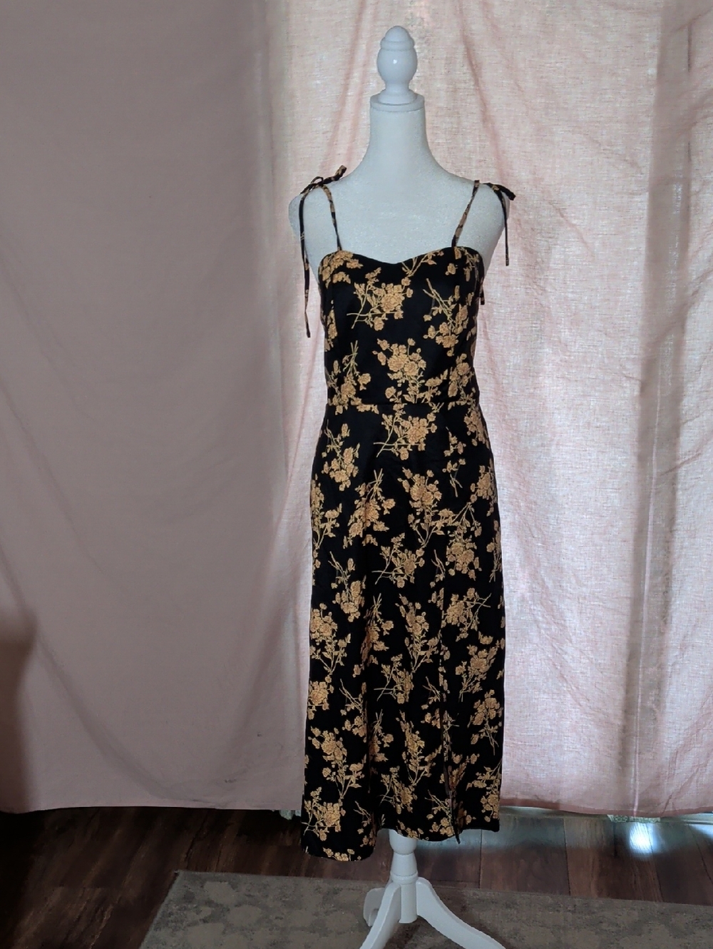 Black and Gold Floral Tie-Shoulder Midi Dress
